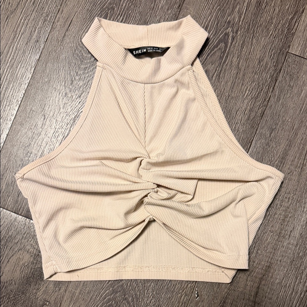 SHEIN Beige Ribbed Twist Crop Top